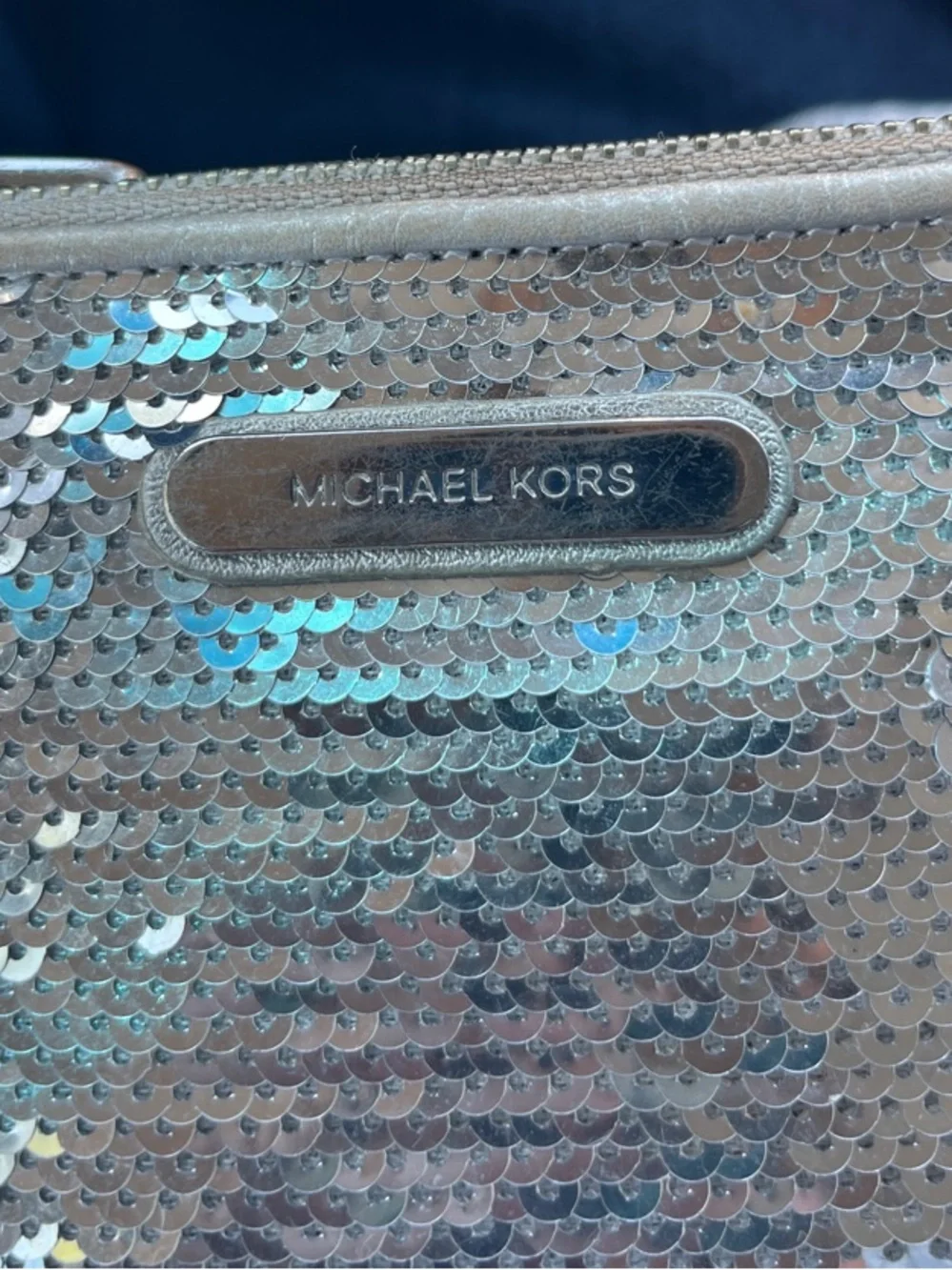 Michael Kors Iridescent Silver Sequin Cosmetic Pouch